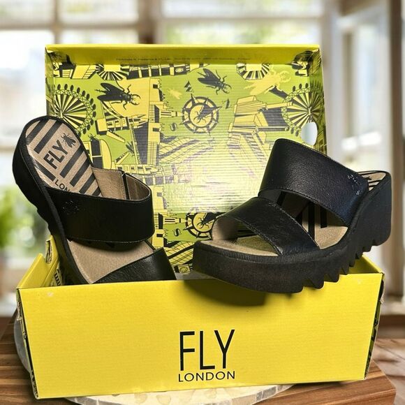 Fly London Shoes - Fly London $190 BESY357FLY Moose Black Leather Slide Wedge Sandals Women’s EU 38